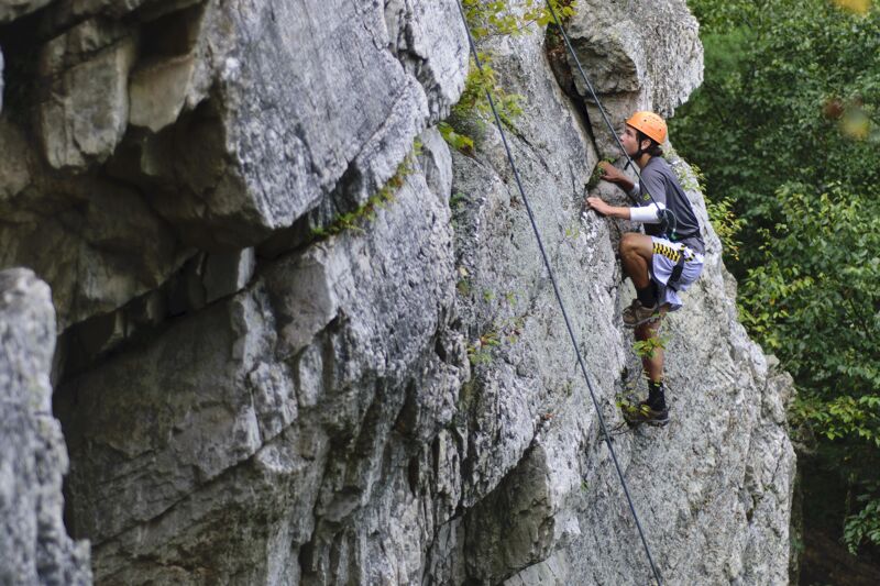 A person is rock climbing on a steep rock face. They are wearing a helmet and climbing gear, secured by a rope. The rock is light gray and textured, with some greenery growing on it. The background includes trees, suggesting the location is outdoors, possibly in a forest or mountainous area. The climber is focused and appears to be making their way up the rock.
