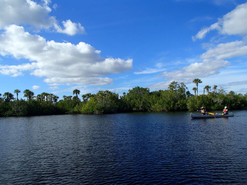 The image shows a serene waterscape with a canoe carrying two people gliding across the calm water. The sky is a vibrant blue, dotted with fluffy white clouds that add depth to the scene. Lush green vegetation lines the distant shore, creating a natural border between the water and the land. The overall impression is one of tranquility and outdoor adventure.