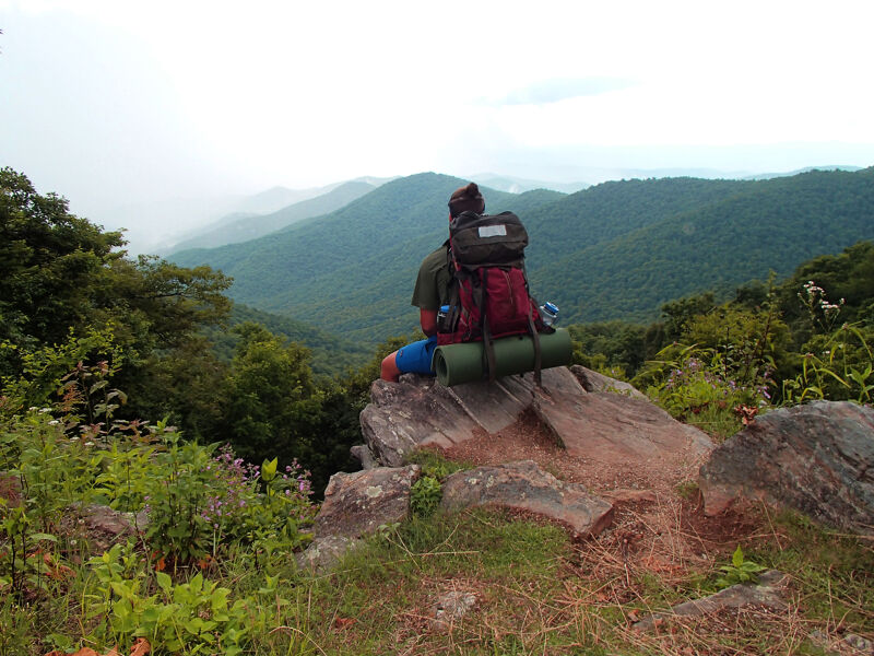 A person with a large backpack sits on a rock outcropping, gazing out at a scenic view of rolling, forested mountains under a cloudy sky. The individual is positioned at the edge of a small clearing surrounded by lush greenery. The backpack is red and green, and the person appears to be taking a break to enjoy the landscape. The overall scene conveys a sense of peacefulness and solitude in nature.