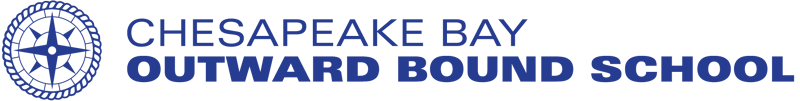 The image displays the logo of the Chesapeake Bay Outward Bound School. The logo features a circular design with a compass-like element, and the school's name is written in a bold, blue font. The background is black.