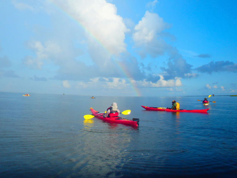 The image shows a group of people kayaking on a calm body of water under a partly cloudy sky. A vibrant rainbow arcs across the sky, adding a touch of magic to the scene. The kayakers are spread out, enjoying the serene environment and the beautiful weather. The water reflects the sky, creating a sense of peace and tranquility.