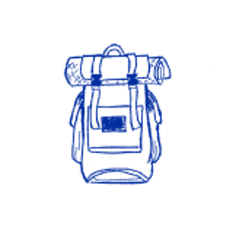 The image shows a blue outline of a hiking backpack against a black background. The backpack is fully packed, with a sleeping bag or similar item strapped to the top. It has multiple compartments and straps, suggesting it's designed for carrying a substantial amount of gear. The style is simple and graphic, resembling an icon or a line drawing.
