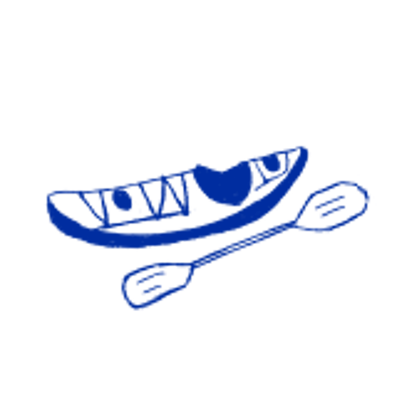 The image shows a blue drawing of a kayak and a paddle on a black background. The kayak is depicted with visible seating and a rounded shape. The paddle is positioned diagonally below the kayak, suggesting a sense of readiness for paddling. The drawing style is simple, resembling a sketch, with clear lines defining the shapes of the kayak and paddle.