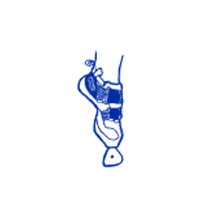 The image shows a stylized, blue drawing of a foot and ankle, possibly representing a ballet dancer's foot in a pointe shoe. The foot is positioned vertically, with the toes pointing downwards. The drawing has a simple, almost cartoonish style, with thick lines outlining the shape of the foot and shoe. The background is black, which makes the blue drawing stand out. The image could be used to represent dance, movement, or elegance.