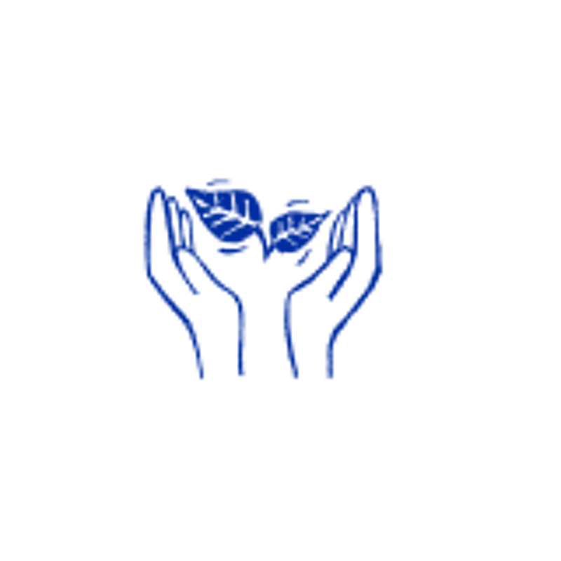 The image shows a stylized, blue-outlined graphic against a black background. Two hands are cupped together, as if holding or presenting something delicate. Above the hands, there are three leaf-like shapes, suggesting a plant or nature. The overall impression is one of care, growth, or environmental stewardship. The simplicity of the design and the use of a single color give it a clean and modern look.