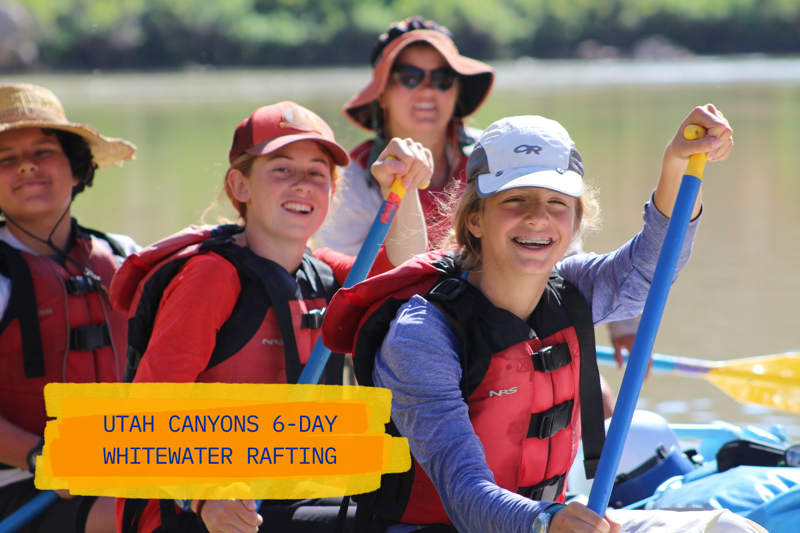 The image shows a group of people enjoying a whitewater rafting trip. They are wearing life jackets and holding paddles, suggesting they are actively participating in the activity. The text on the image indicates it's a 6-day whitewater rafting adventure in Utah Canyons. The overall impression is one of excitement and outdoor adventure.